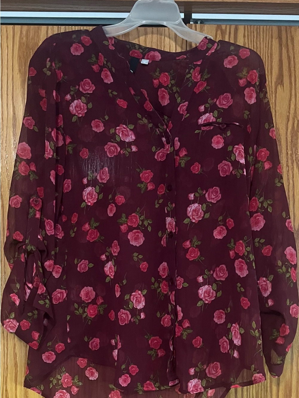 Kut from the Kloth Burgundy Floral Sheer Button-Up Blouse